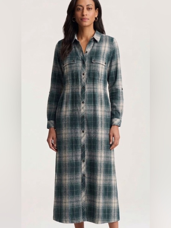 J. Jill Dresses & Skirts - J. Jill M Teal Cream Fall Plaid Button-Front Midi shirt Dress